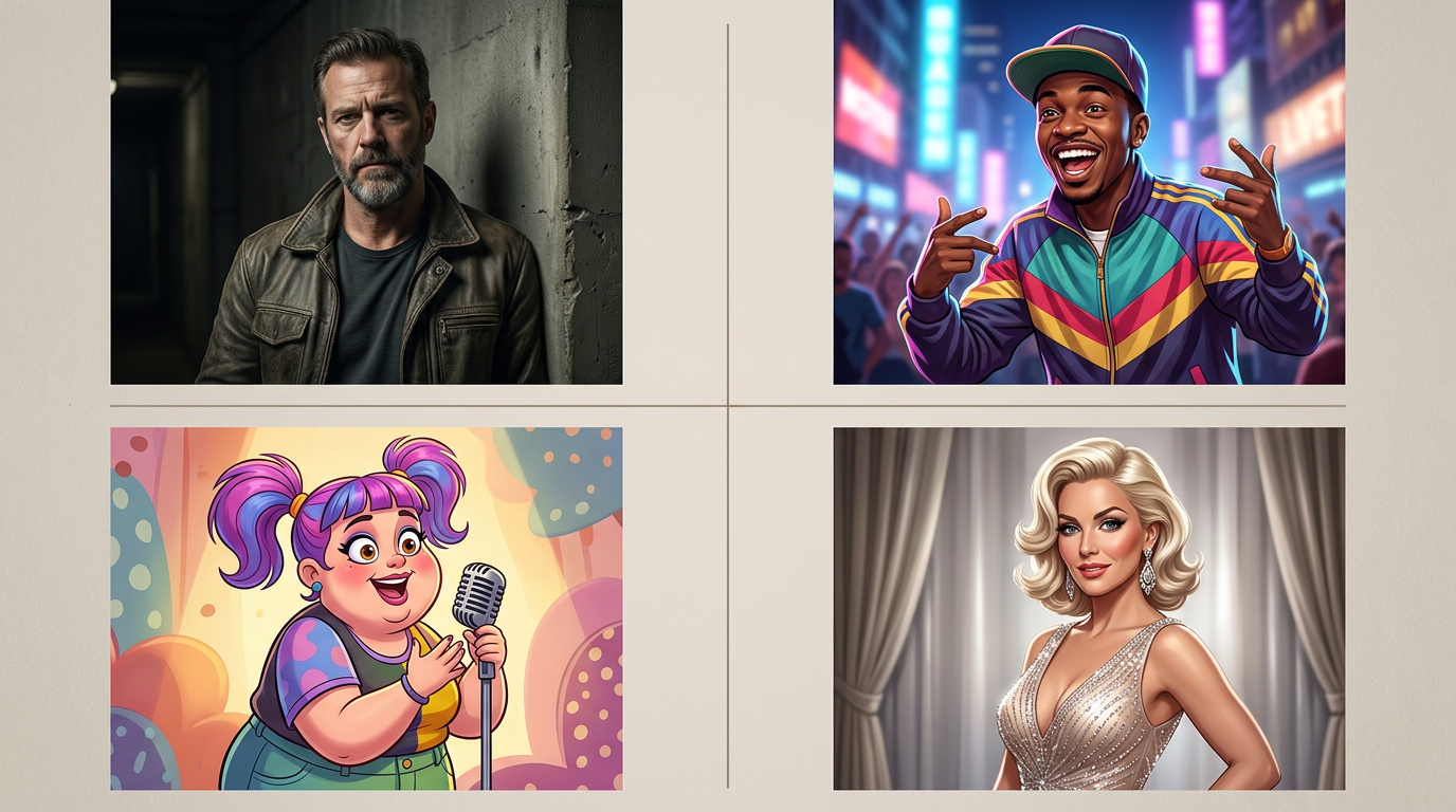 A visual casting board categorizing different AI personas by energy level and tone.