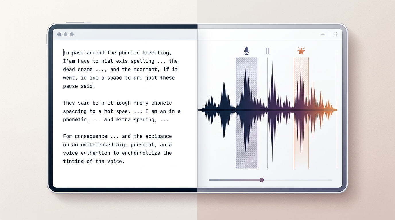 A split-screen graphic showing a text editor with phonetic script formatting on the left and a matching audio waveform on the right.