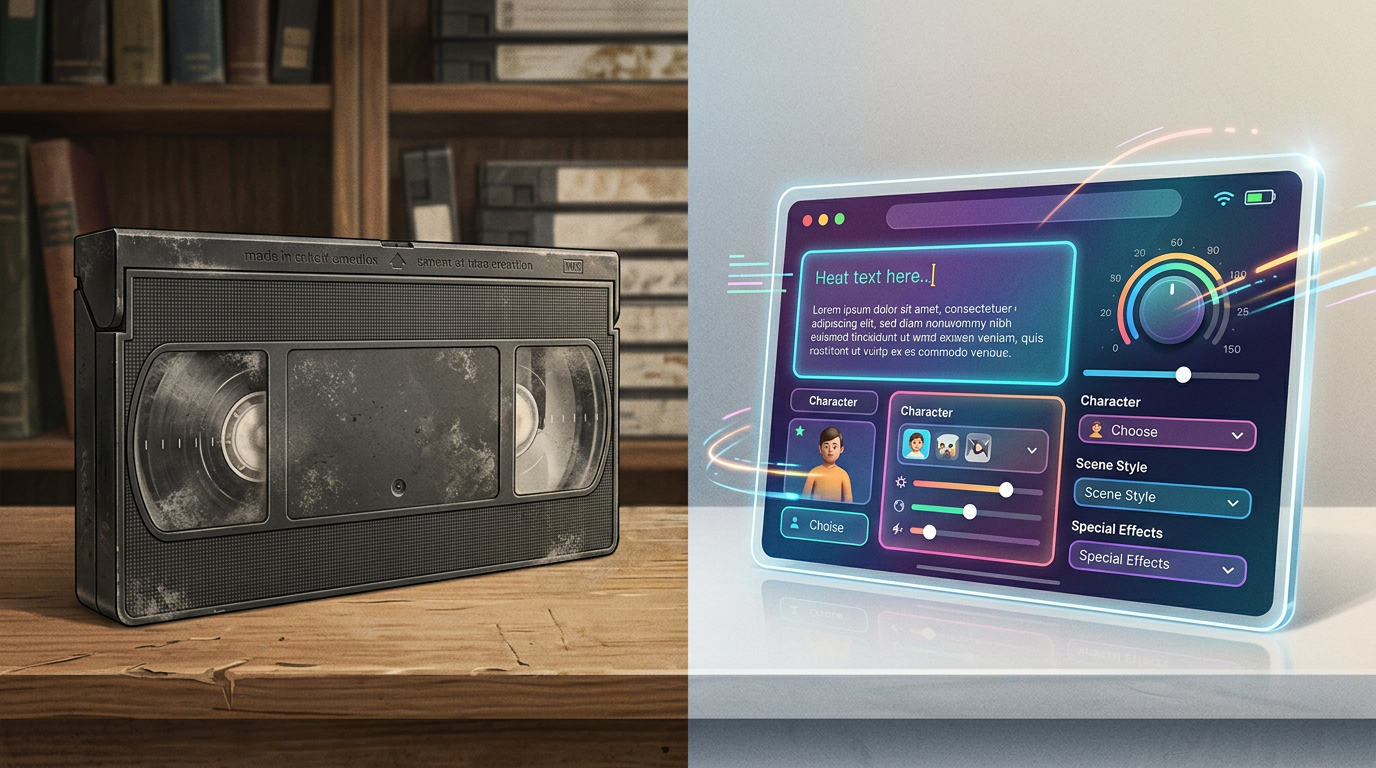 A visual comparison between a static VHS tape and a modern, interactive AI video generation interface.