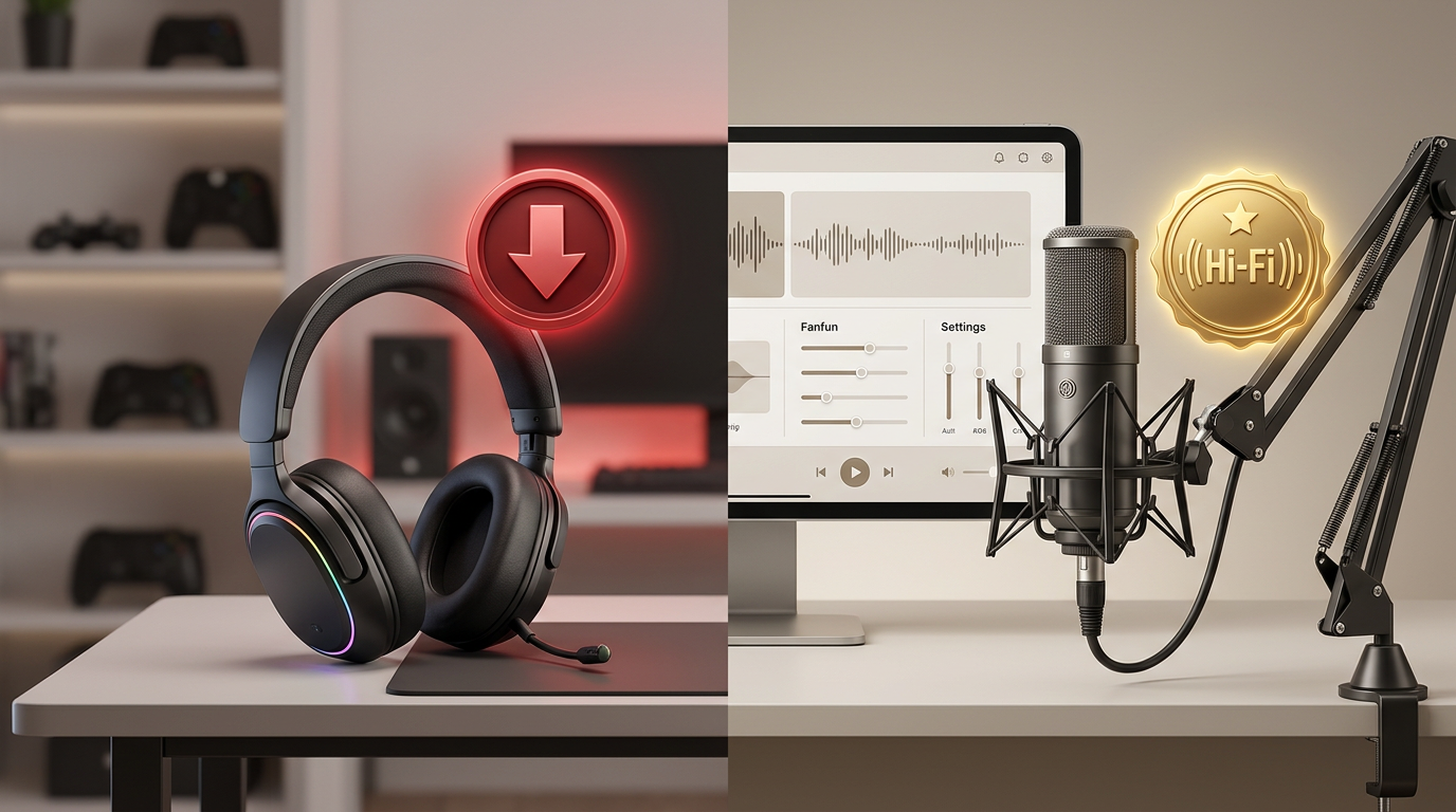 A comparison graphic showing the differences in quality and features between real-time voice changers and generative AI voice studios.