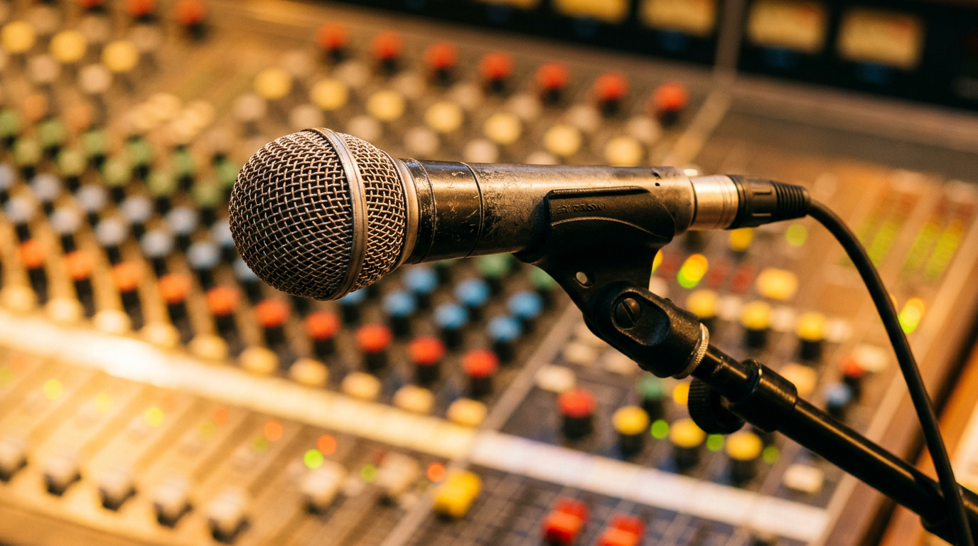 A vintage studio microphone under warm golden lighting, representing the classic radio and recording era.