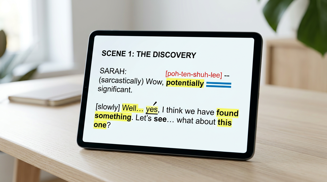 A tablet screen displaying a script optimized for AI voice generation with highlighted annotations and phonetic spelling guides.