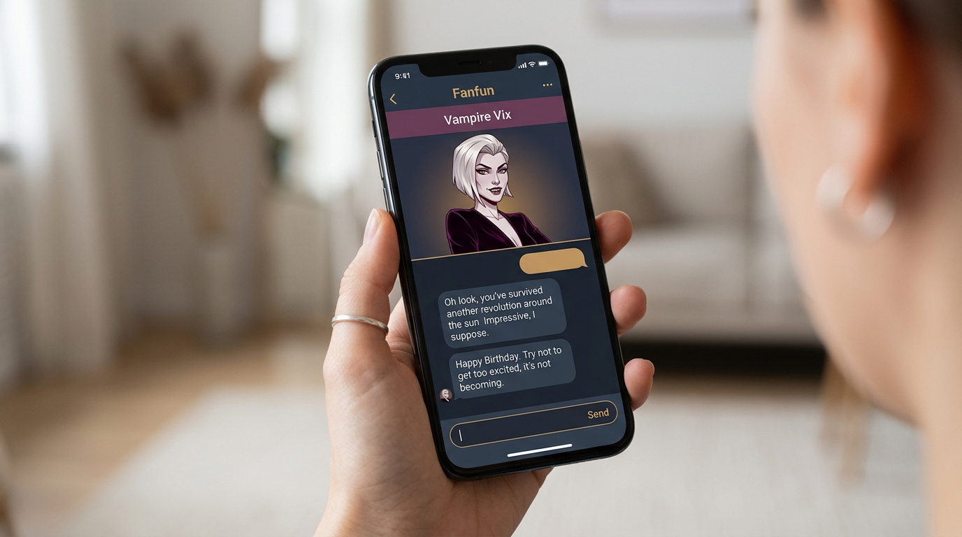 A smartphone displaying a Fanfun interactive AI chat with a sarcastic vampire character archetype.