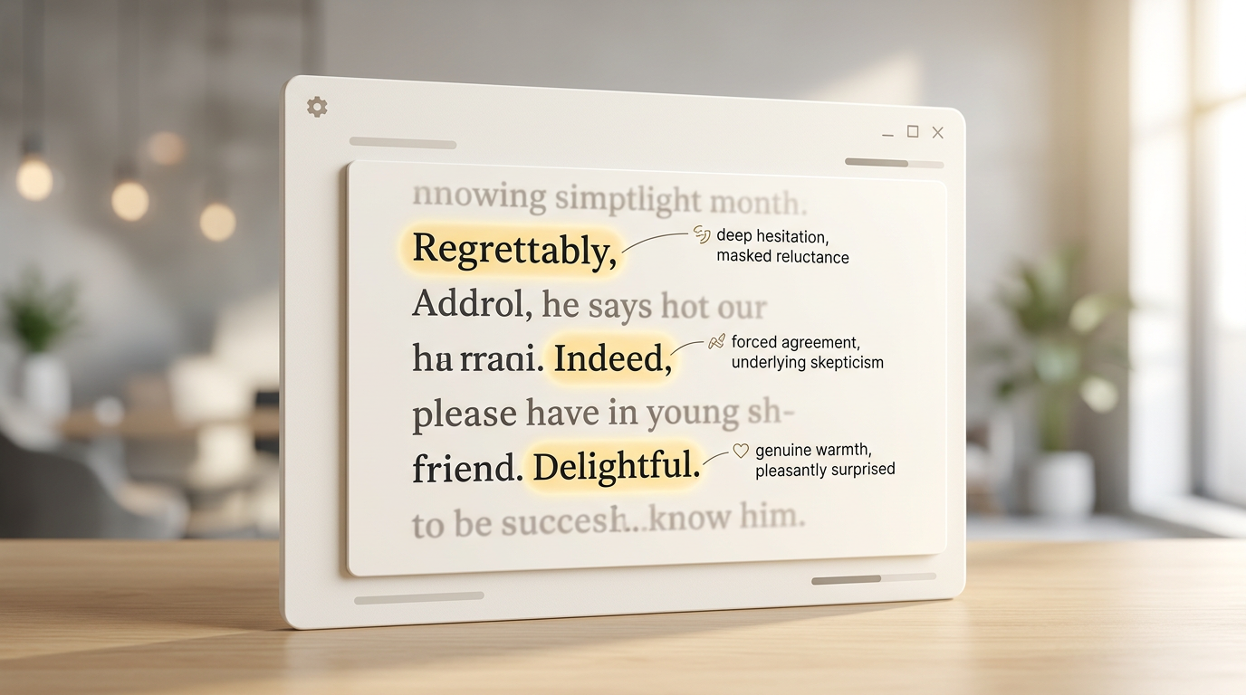 A digital script editor mockup showing annotations on polite, passive-aggressive vocabulary words.