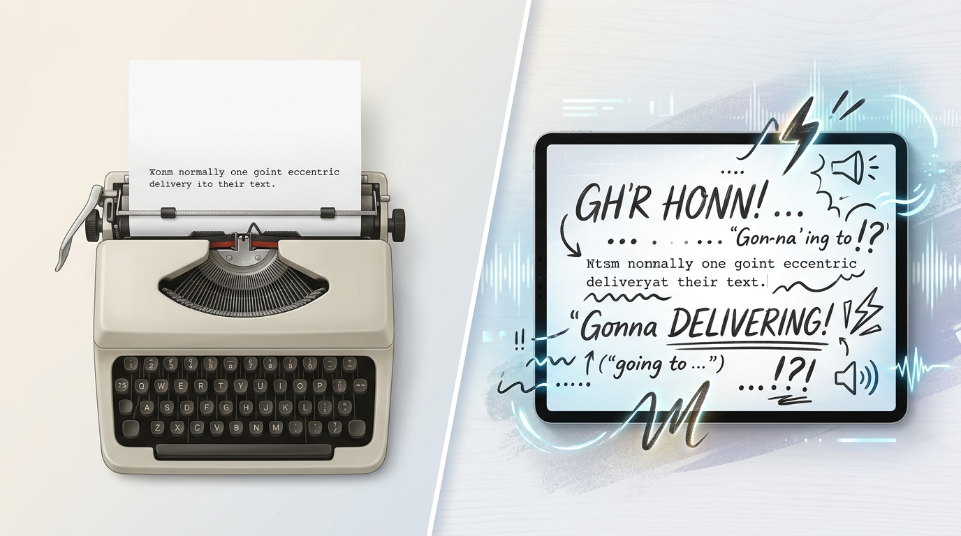 A comparison graphic showing how to format script text with expressive punctuation to guide AI voice pacing.