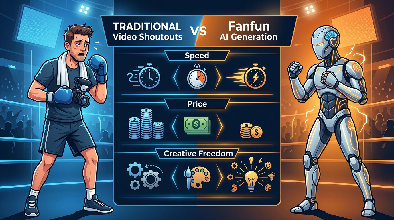 A comparative infographic styled like an MMA fighter matchup graphic, comparing traditional shoutouts with AI video generation.