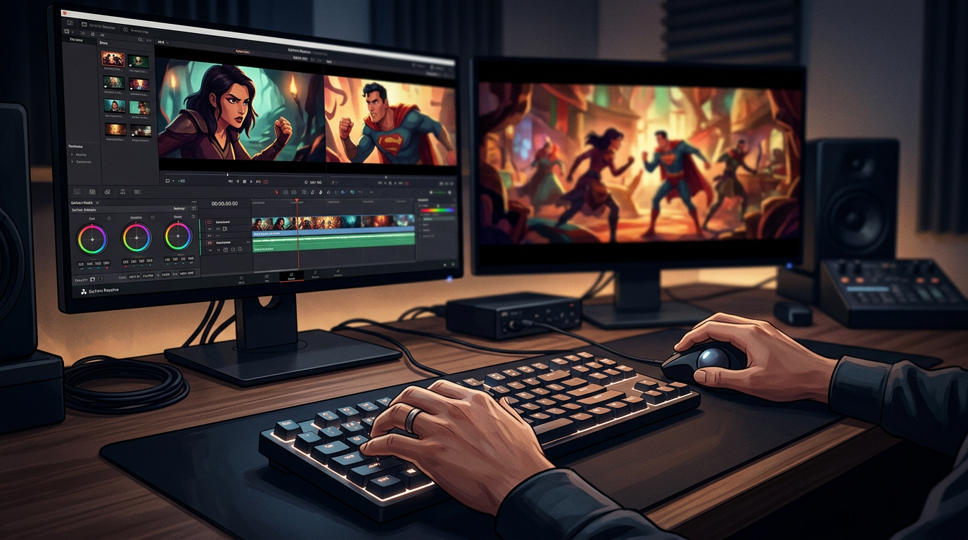 A professional video editing desk showing color-graded character edits on screen, illustrating high-production-value fan content creation.