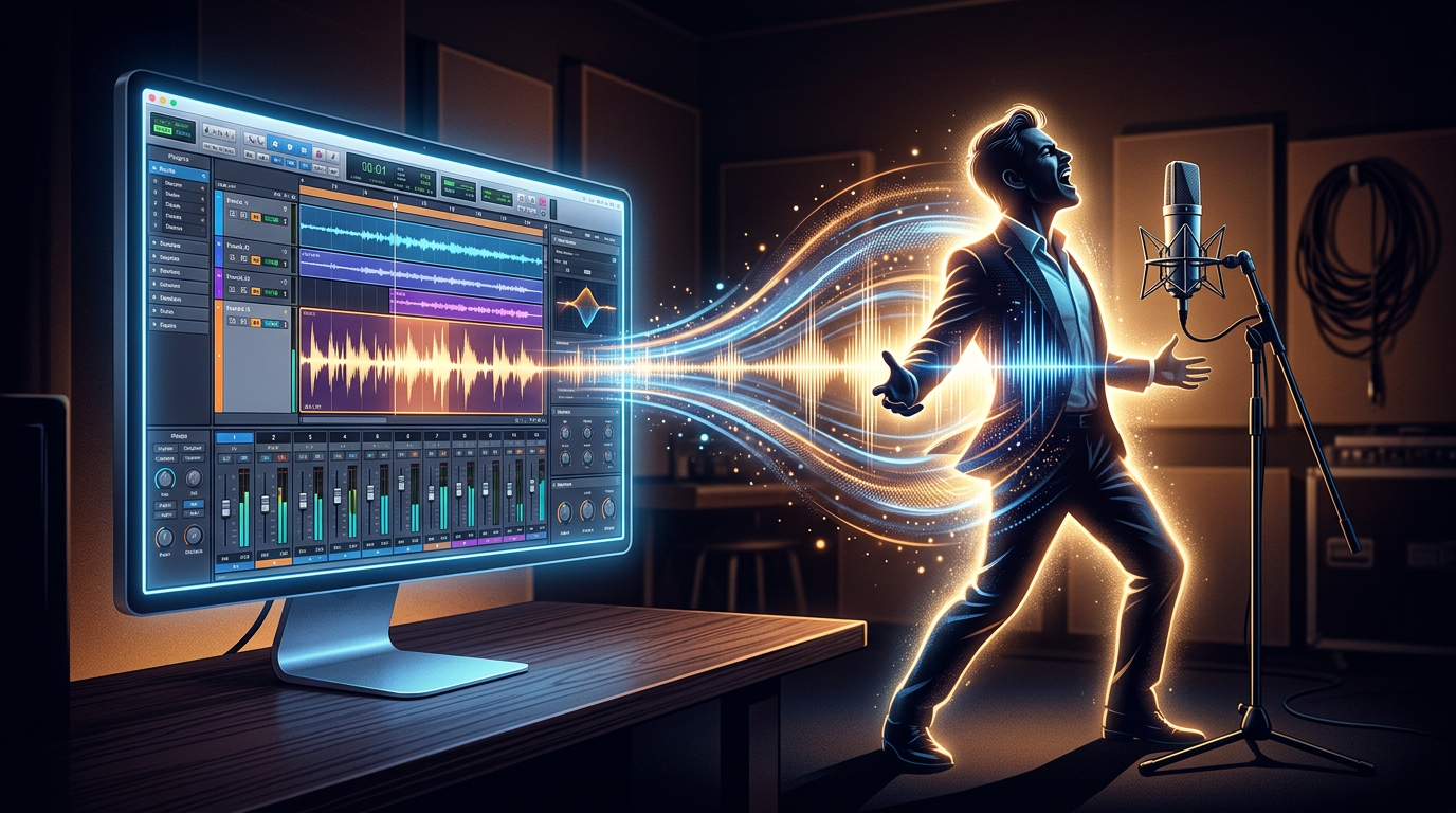 A digital audio workstation screen showing glowing soundwaves that morph into a silhouette of an actor speaking into a vintage microphone.