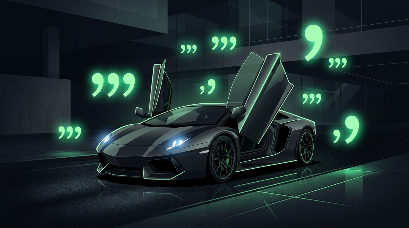 Minimalist vector illustration of a sports car with scissor doors and neon green comma symbols representing tech-bro wealth and bravado.
