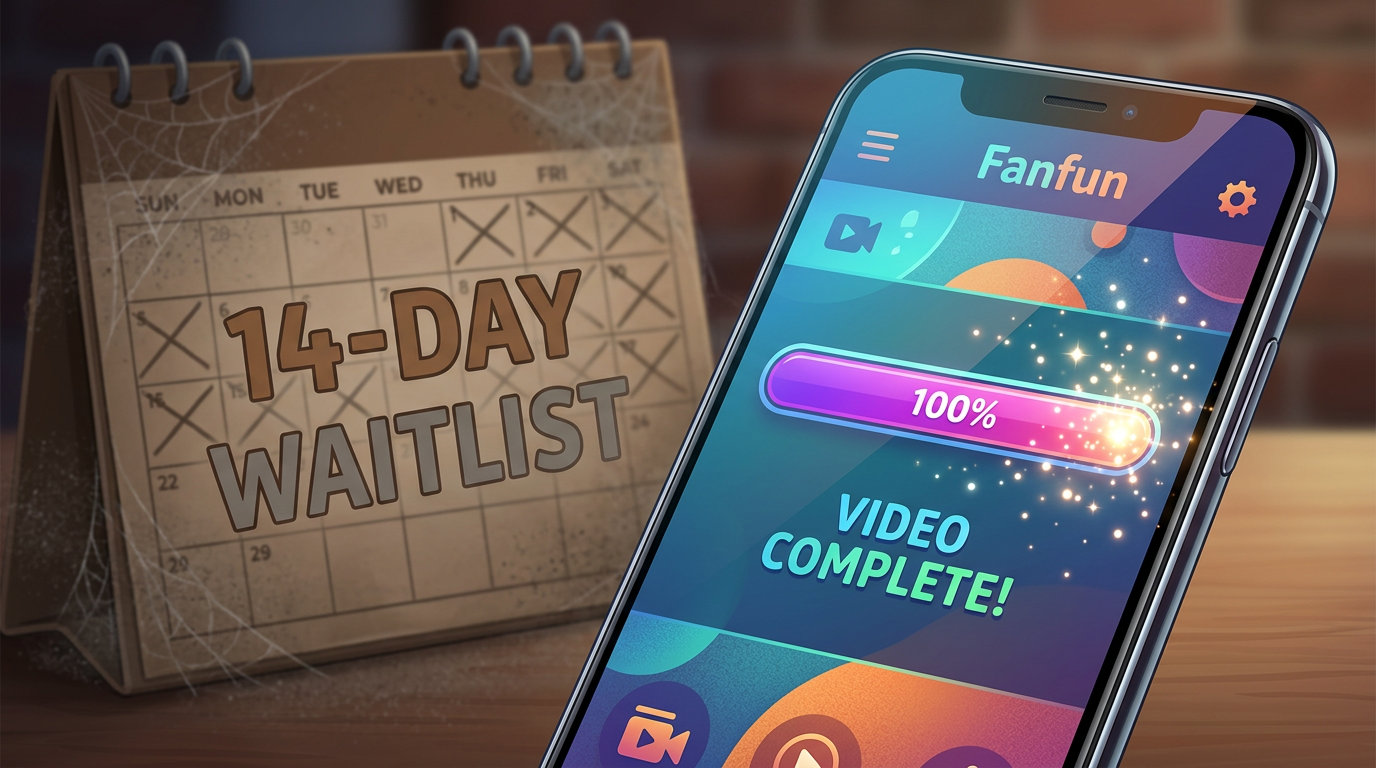 A smartphone showing instant AI video generation next to a dusty 14-day waitlist calendar, representing instant delivery.