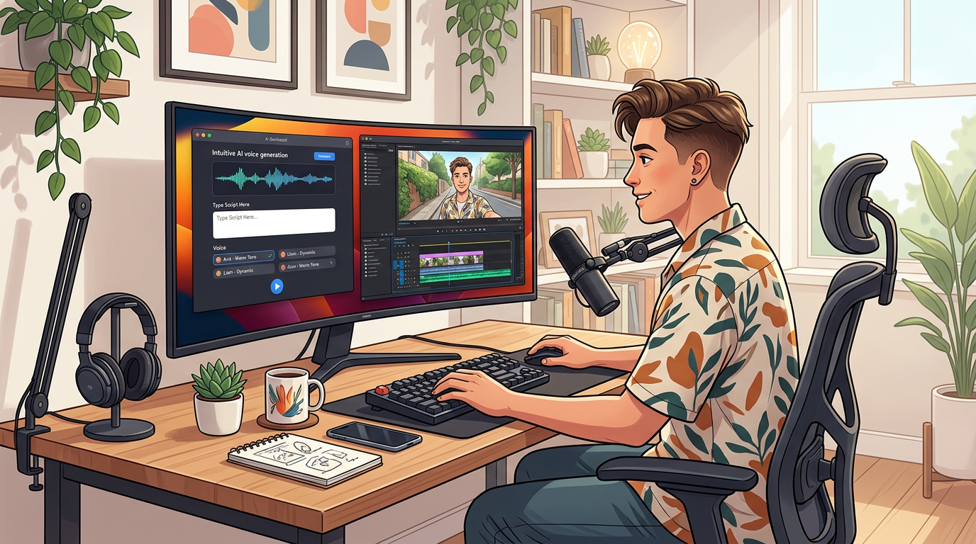 Content creator editing a video using an AI voice generator dashboard on their computer monitor.