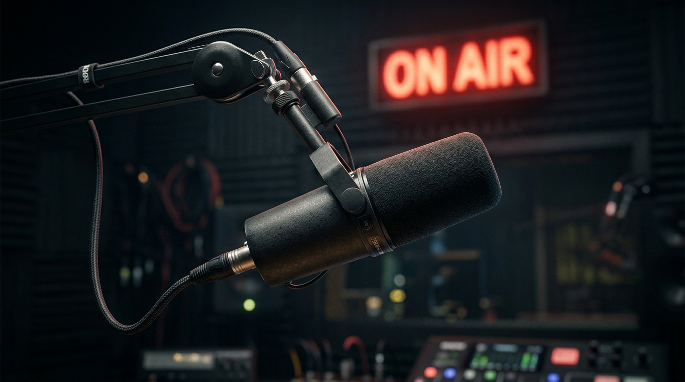 A professional studio microphone with a glowing red ON AIR sign in the background, symbolizing high-impact broadcasting.