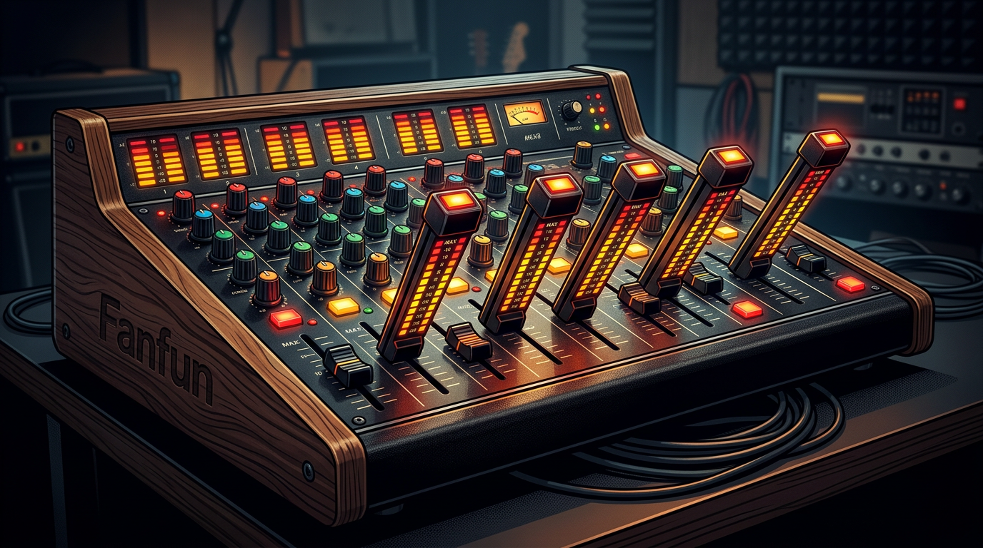 A vintage radio soundboard with neon lights and sliders pushed to maximum volume, symbolizing high-energy audio content.