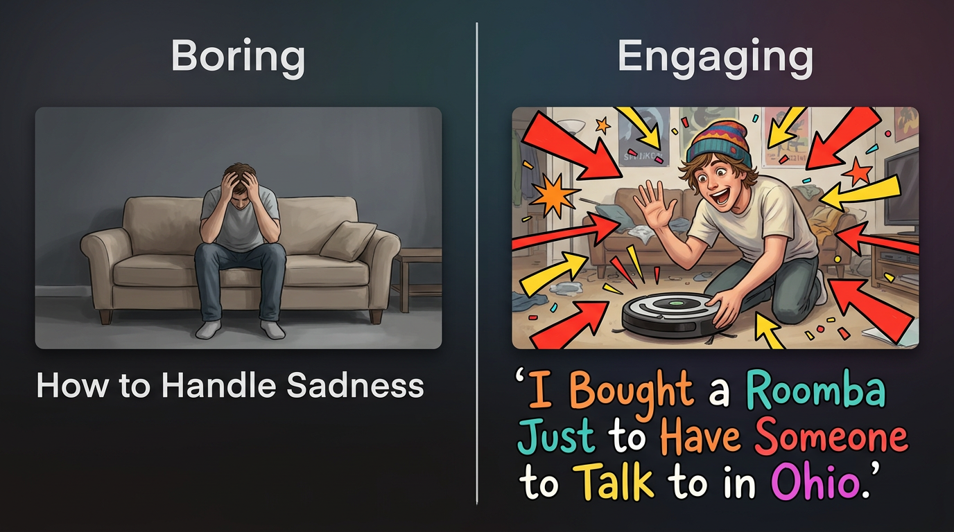 A comparison showing a boring corporate video title versus a highly engaging, long, and absurd Hot Mulligan-style title.