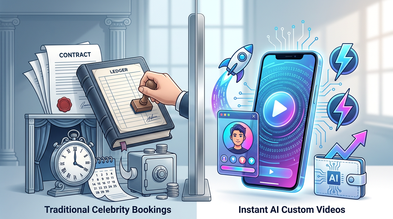 Comparison chart showing the differences in cost, delivery speed, and creative freedom between traditional celebrity bookings and instant AI video generation.