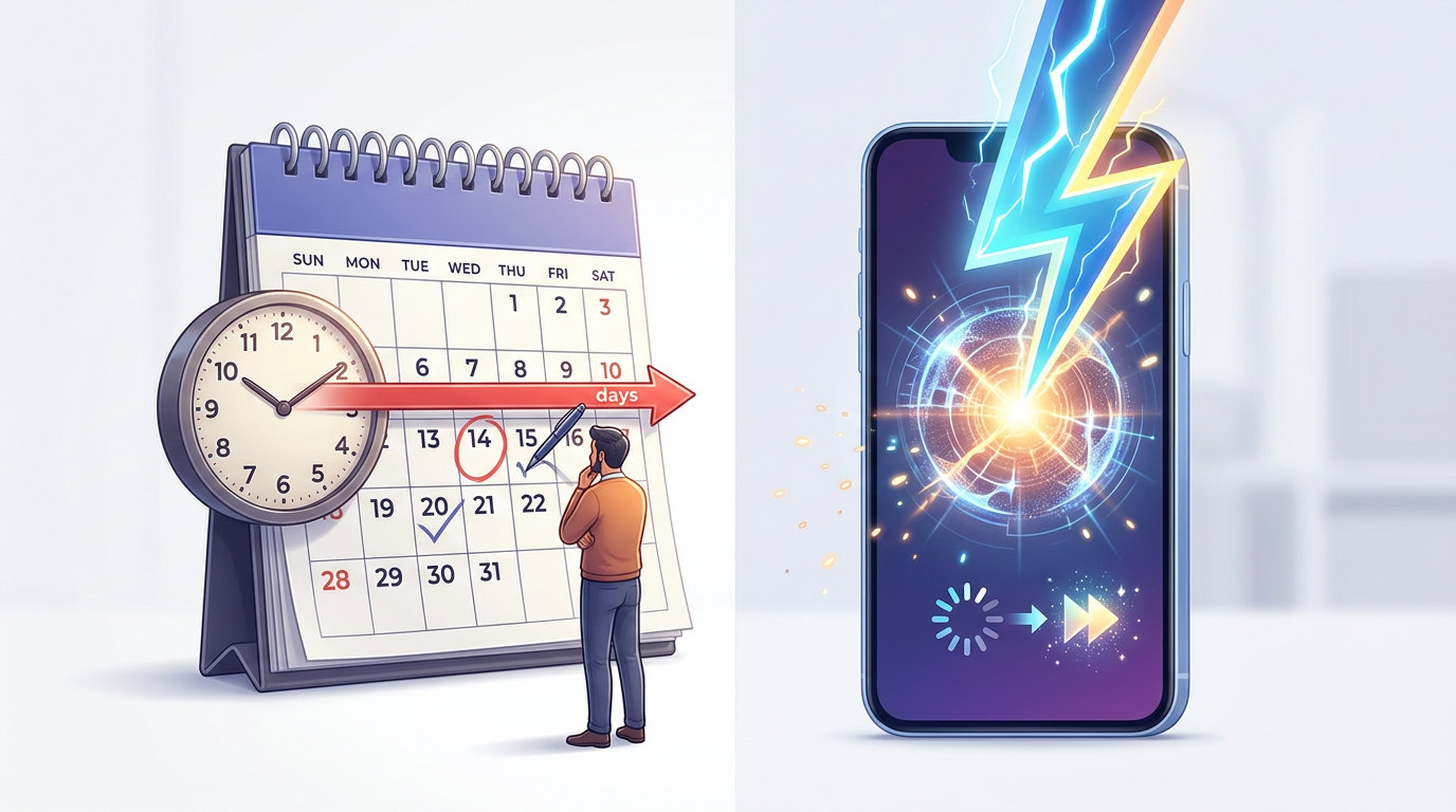 A visual comparison contrasting the slow, multi-day delivery of traditional celebrity video apps with the instant generation of AI character platforms.