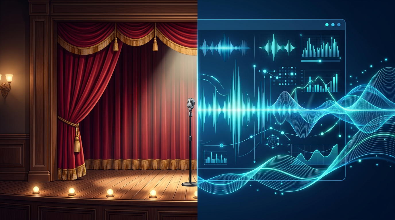 A conceptual graphic merging a red velvet theater curtain with a glowing digital audio waveform, representing the transition of live camp comedy into digital AI tools.