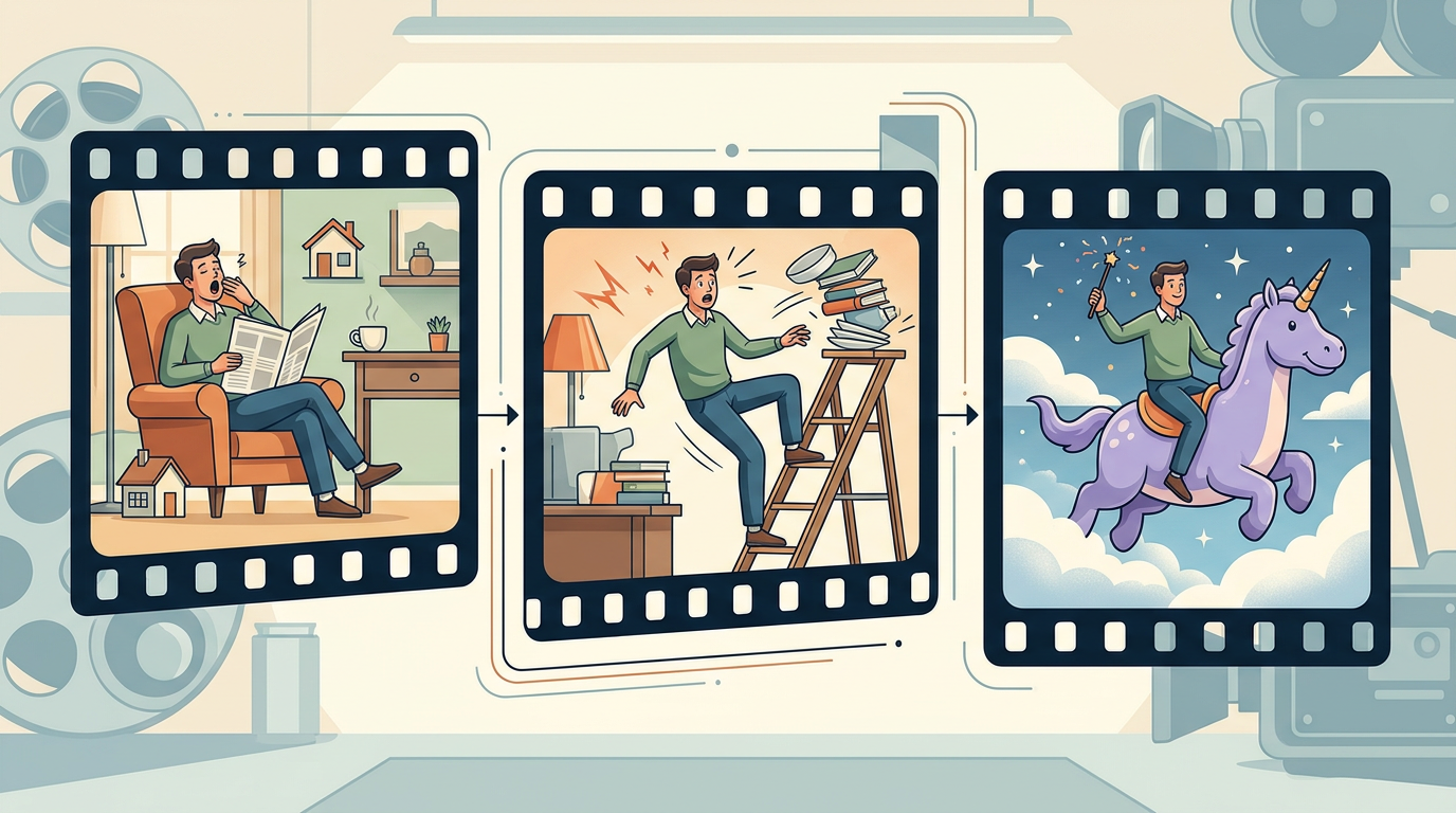 An infographic detailing a three-step script writing framework styled like a retro 35mm film strip.