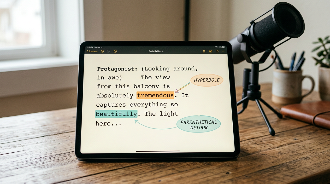 A tablet showing a script with highlighted rhetorical techniques for writing AI voice scripts.