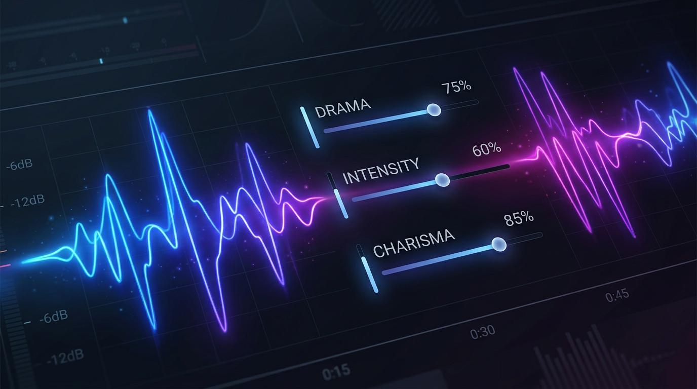 A glowing digital audio waveform interface representing AI voice modulation settings for dramatic character delivery.
