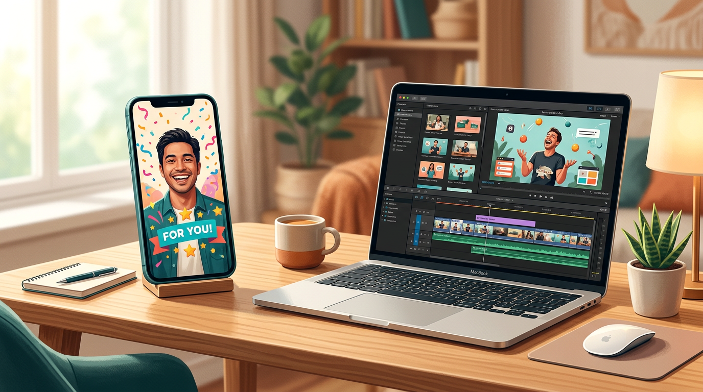 A creator's desk with a smartphone playing a personalized video and a laptop open to a video editing timeline.
