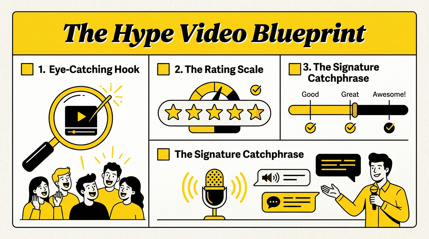 A step-by-step visual checklist detailing how to script and structure a high-energy viral shoutout video.
