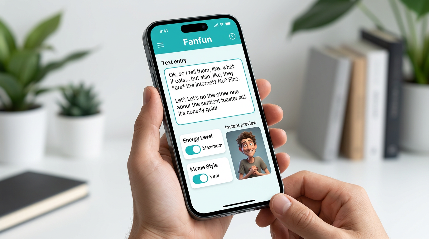 Mockup of the Fanfun mobile interface showing a user customizing a high-energy video script with instant generation controls.