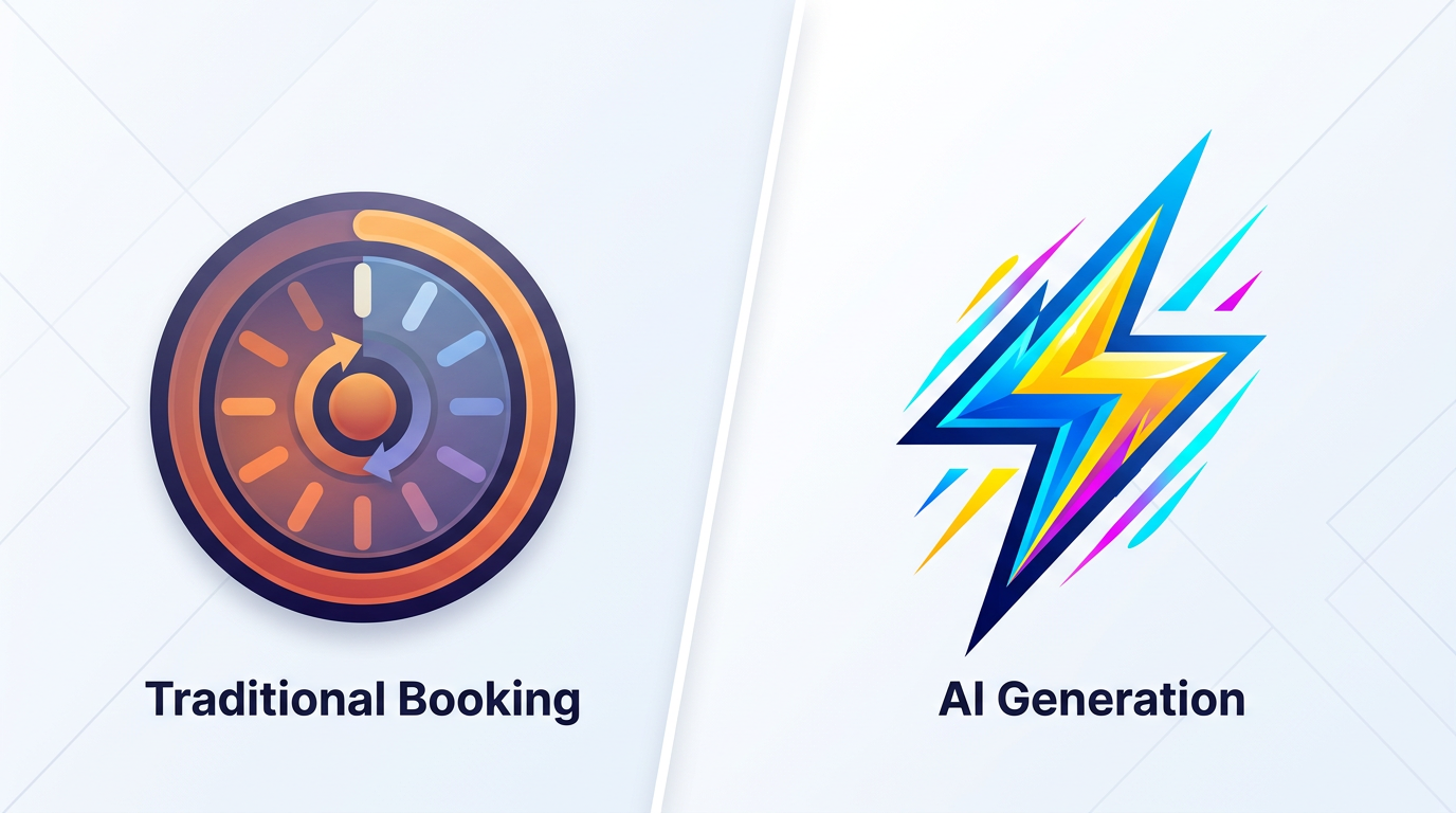 An infographic comparing the slow wait times of traditional celebrity bookings with the instant generation speed of AI-powered video platforms.
