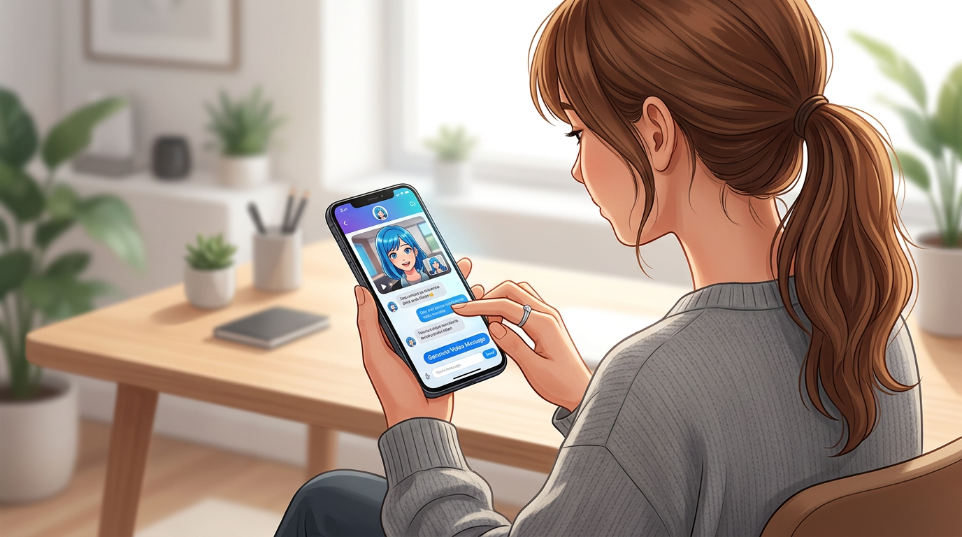 A close-up of a user engaging in a two-way AI chat on their phone, highlighting the interactive features of the Fanfun platform.