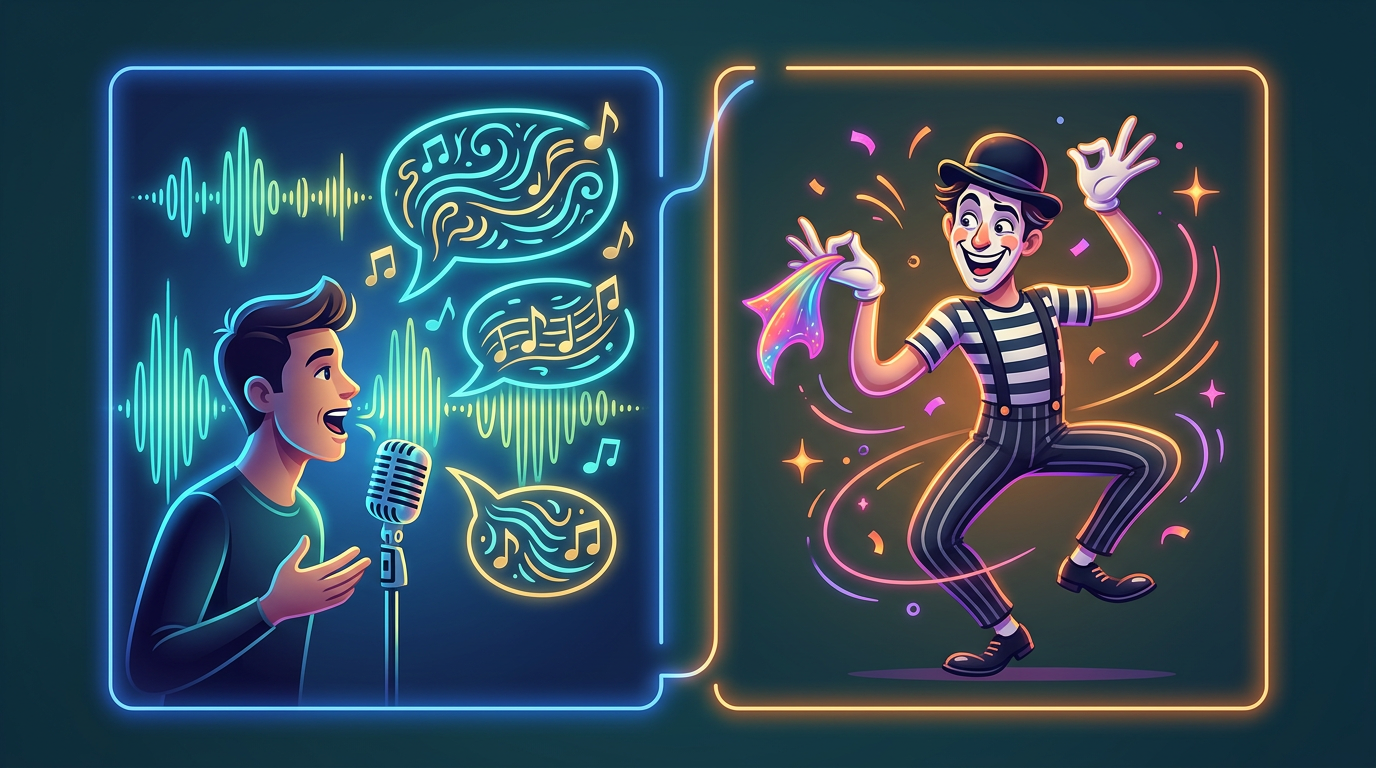 A graphic depicting comedic performance mechanics including vocal cadence and physical gestures.