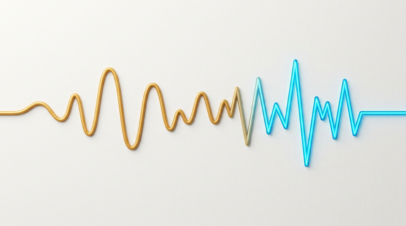 A soundwave graphic transitioning from warm gold to cool blue, symbolizing vocal shift from charm to suspense.