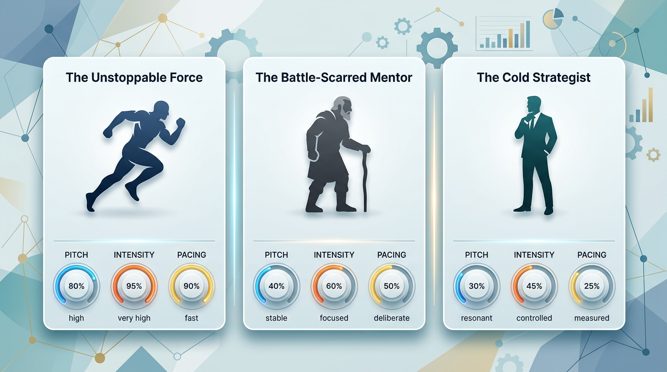 An infographic showing three character archetypes with corresponding vocal setting dials for pitch, intensity, and pacing.