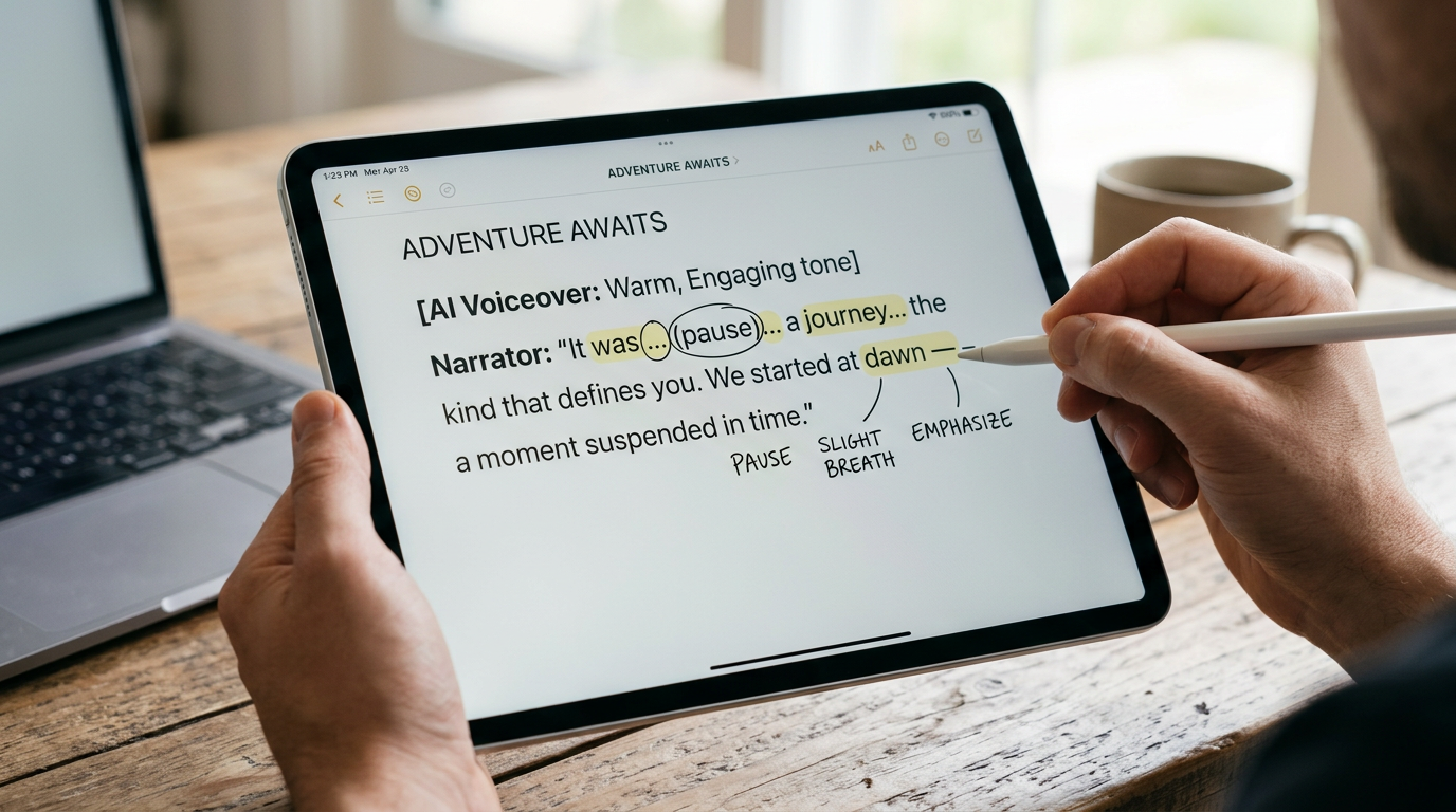 A close-up of a digital script with highlighted punctuation and phonetic notes for directing AI voice generation.