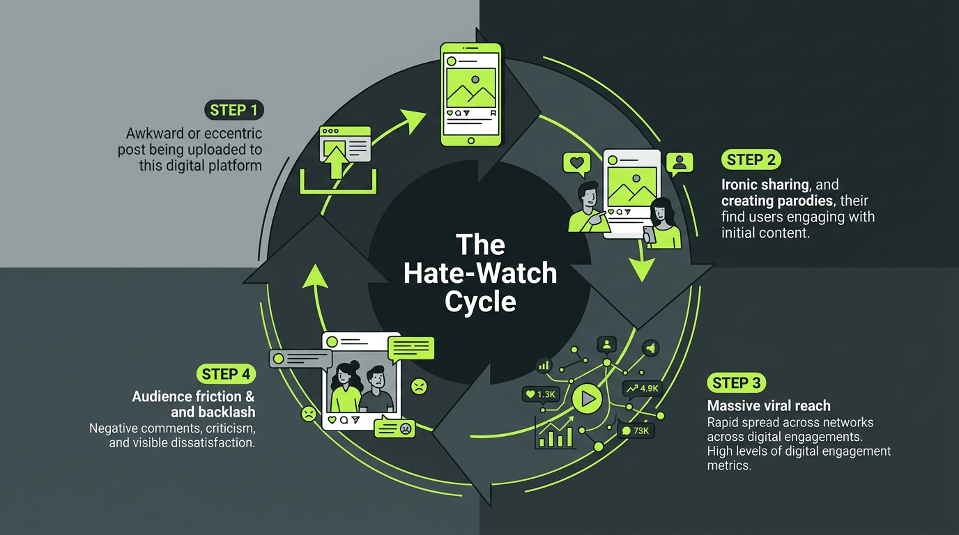 A diagram illustrating the four stages of the viral hate-watch cycle on social media.