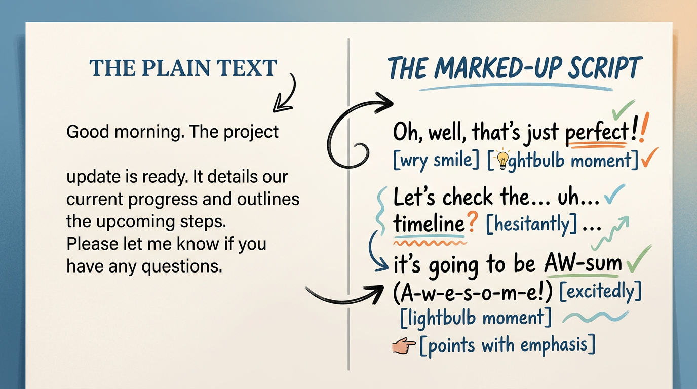 A comparison showing a plain text script versus an optimized script with punctuation and phonetic spelling for better AI voice generation.