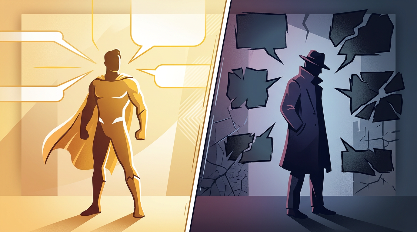 A visual comparison of clean hero dialogue structure versus sharp, fragmented anti-hero dialogue structure.