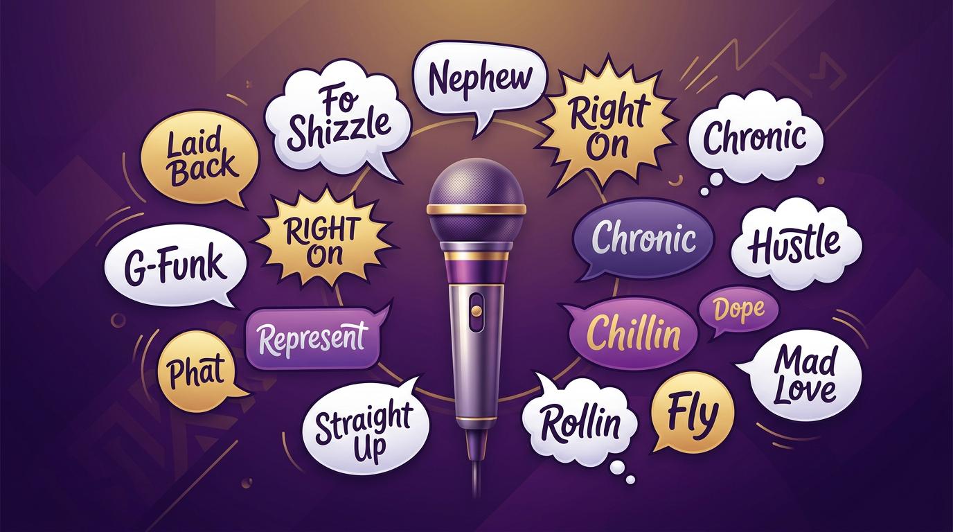 A stylized graphic representing iconic West Coast slang and speech patterns floating around a classic studio microphone.