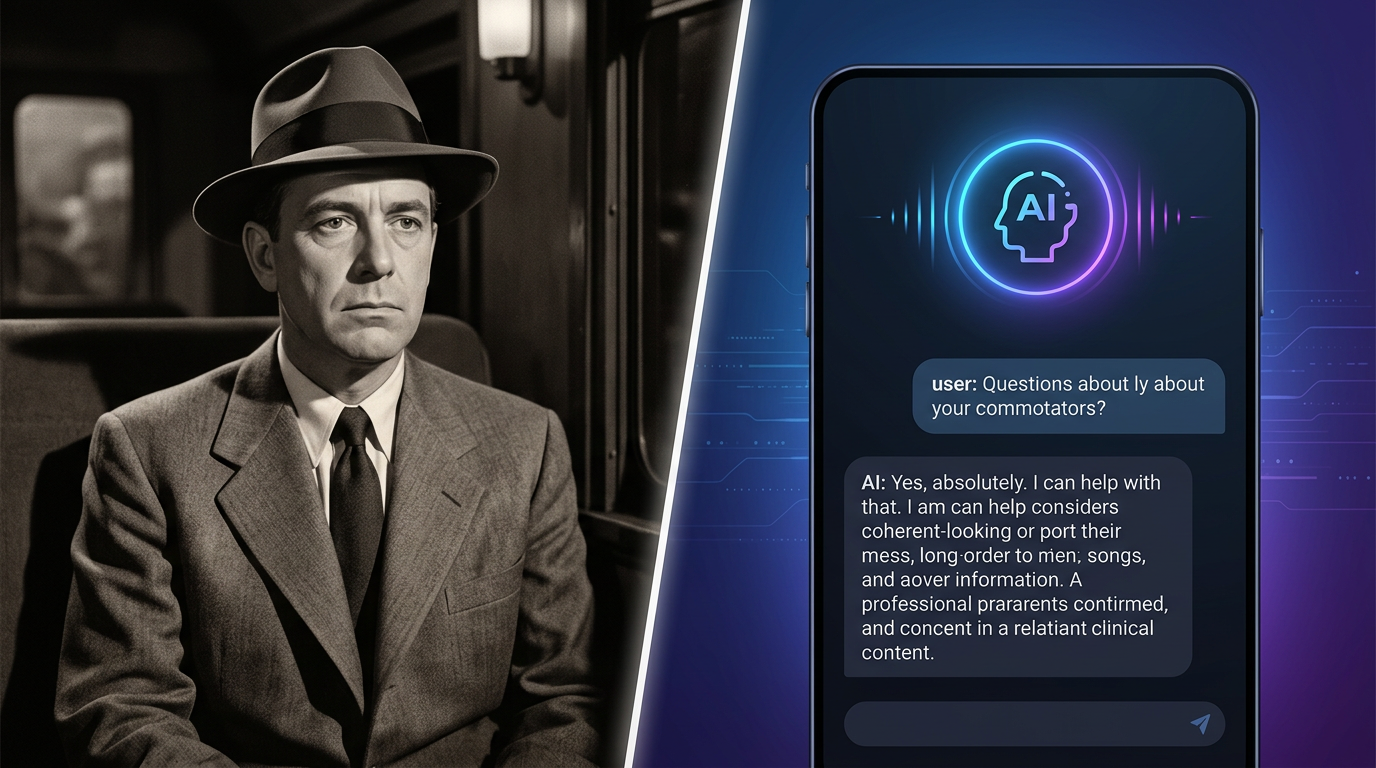 A comparison between classic deadpan cinema and modern AI character chat interfaces.