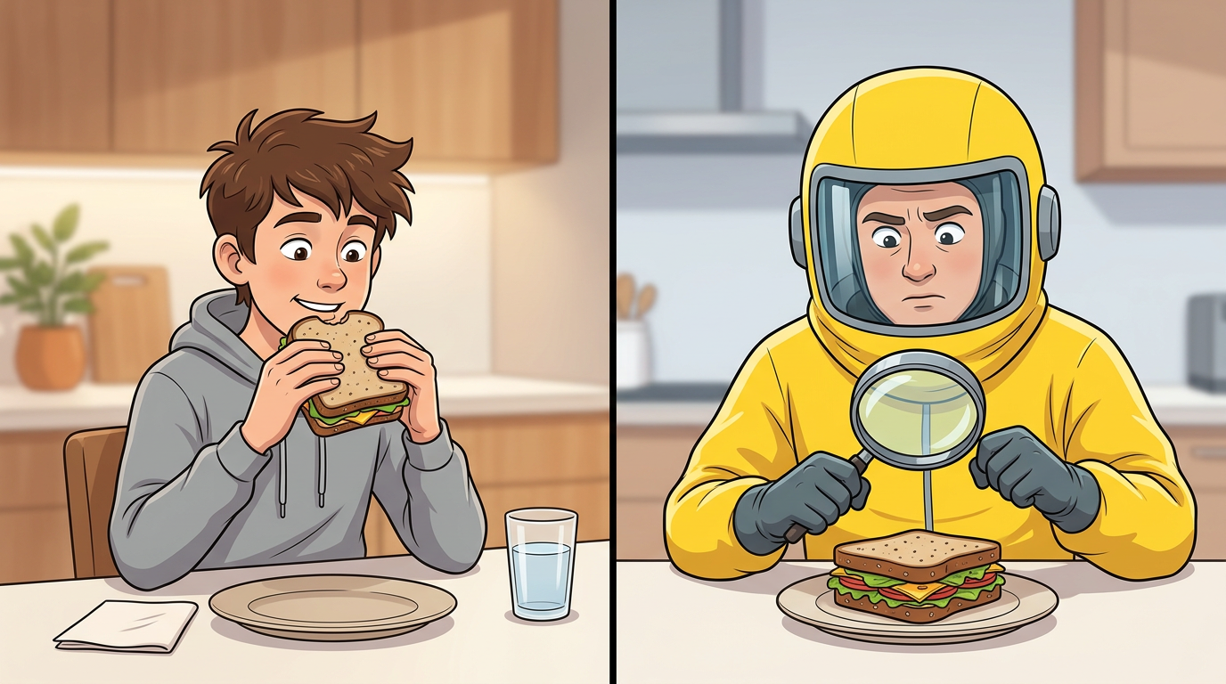 A split-screen illustration of a normal teenager eating a sandwich next to an overprotective parent inspecting a sandwich in a hazmat helmet.