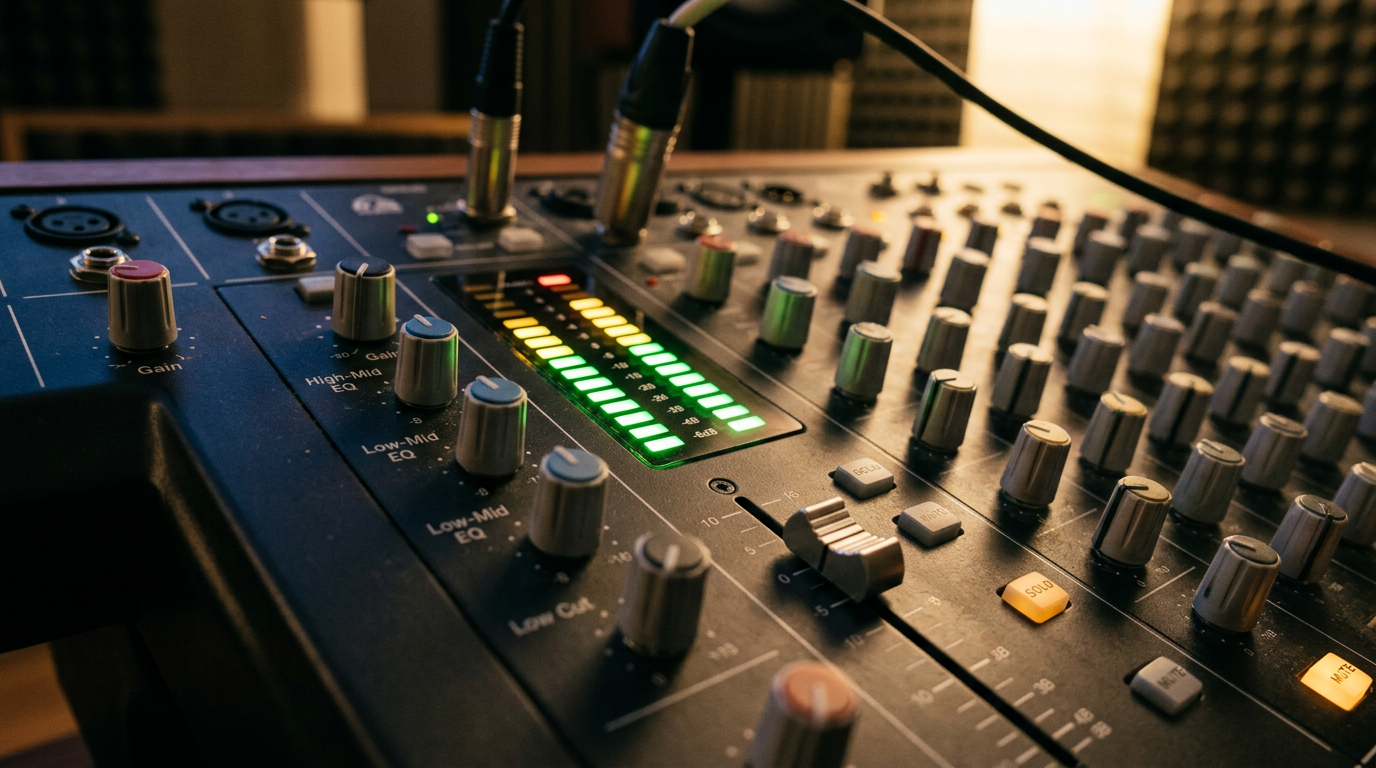 A professional audio soundboard with glowing green and yellow LED lights indicating balanced vocal frequencies.