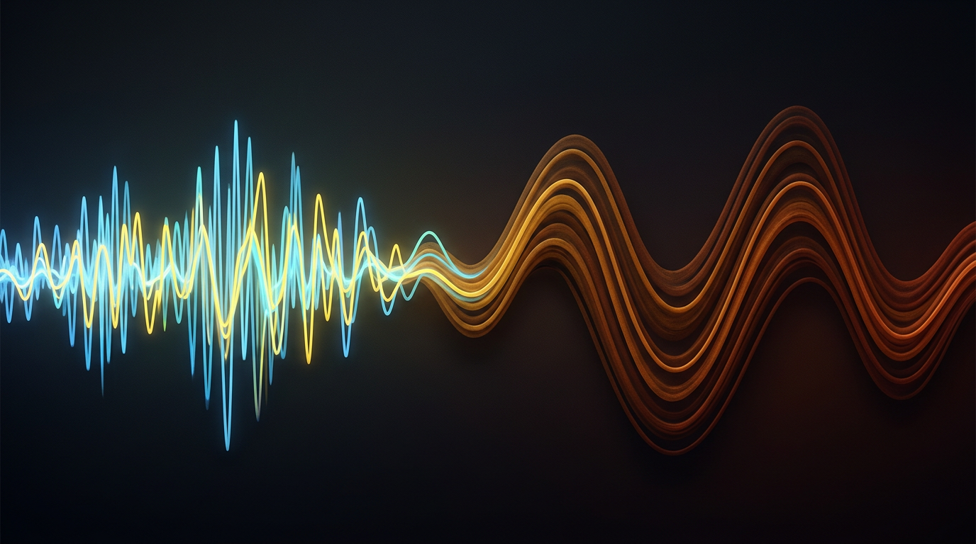 A conceptual soundwave graphic showing the contrast between a high-pitched youthful voice and a deep, heavy vocal resonance.