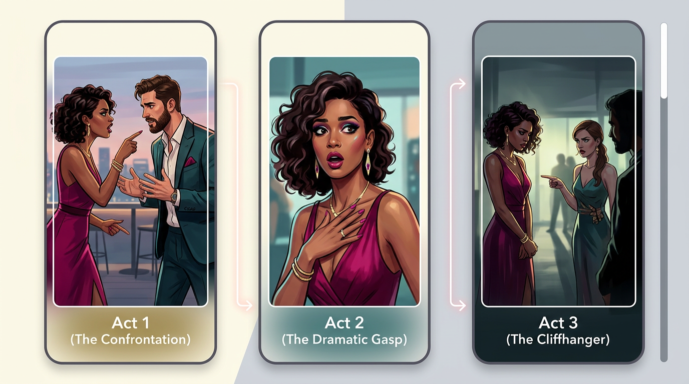 A storyboard diagram showing a three-act telenovela dramatic arc for short-form social media content.