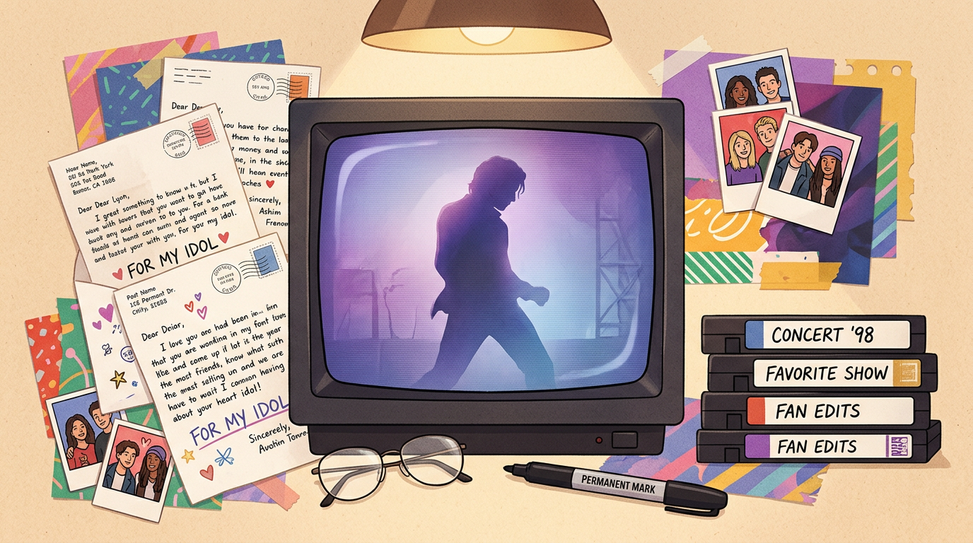 A nostalgic collage of 90s fan culture items including VHS tapes and fan letters.