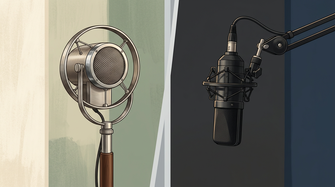A minimalist split-screen visual contrasting a vintage studio microphone with a modern broadcast microphone.
