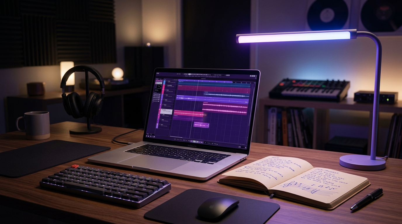 A modern music production workspace at night with neon lighting and a digital audio workstation on screen.