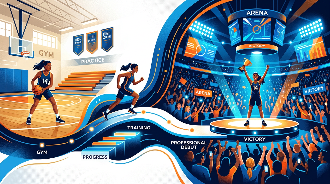 A stylized graphic timeline of a modern creator-athlete's rise from high school to professional digital leagues.