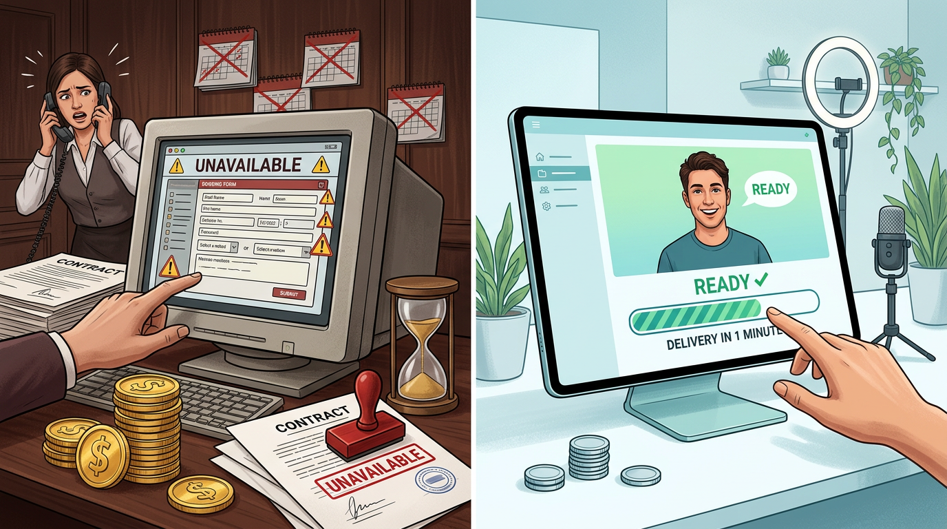 A side-by-side comparison of a slow, expensive traditional celebrity booking process versus a fast, affordable AI video generator dashboard.