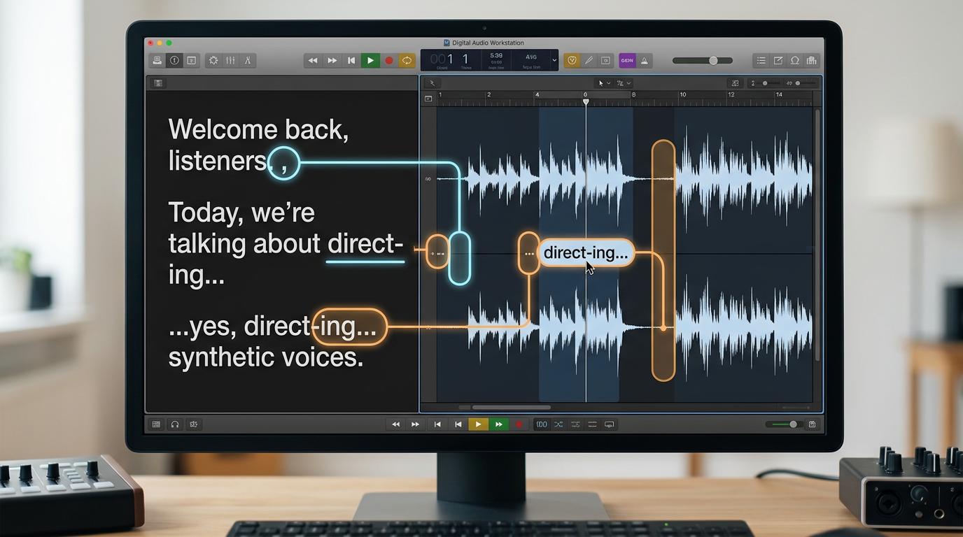 An audio waveform visualizer side-by-side with a script showing how punctuation creates natural pauses in AI voice generation.