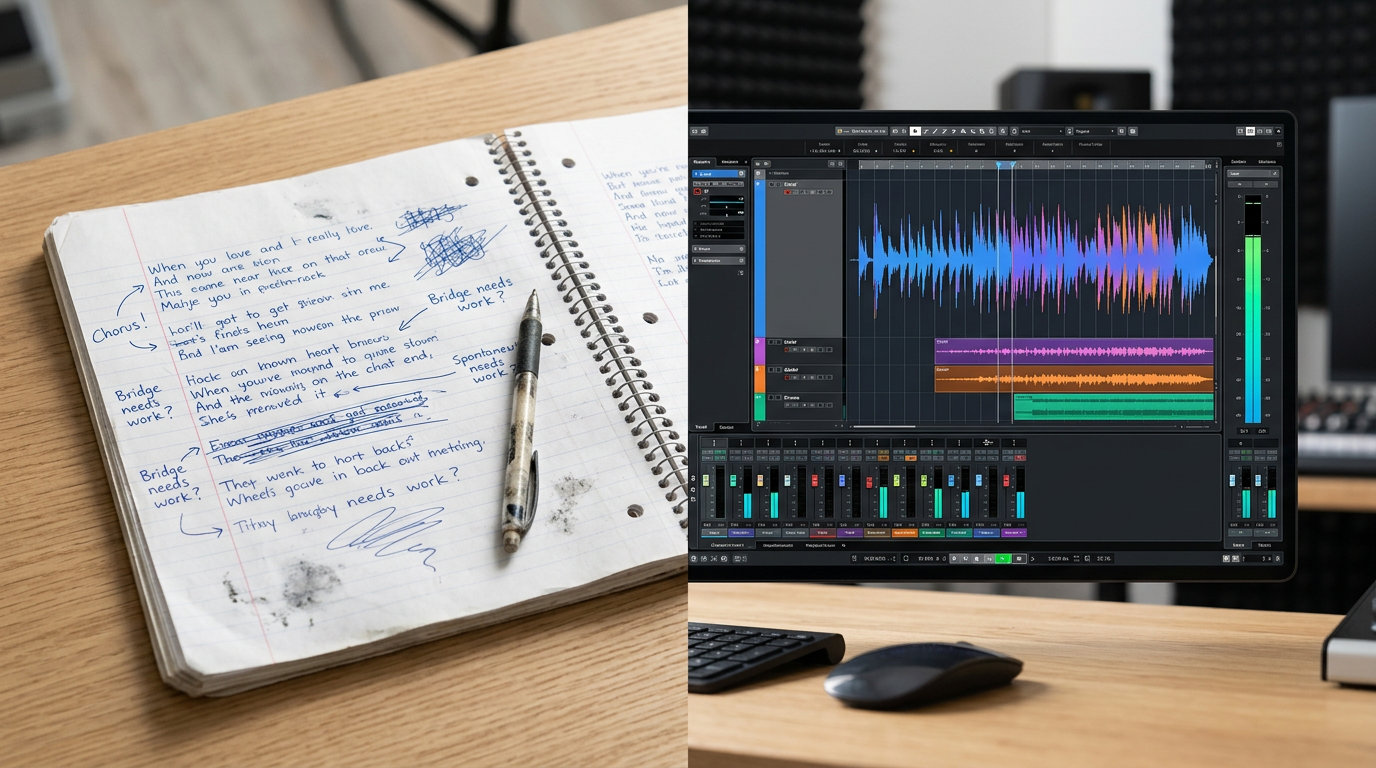 A split-screen of a handwritten notebook and a modern digital audio workstation waveform.
