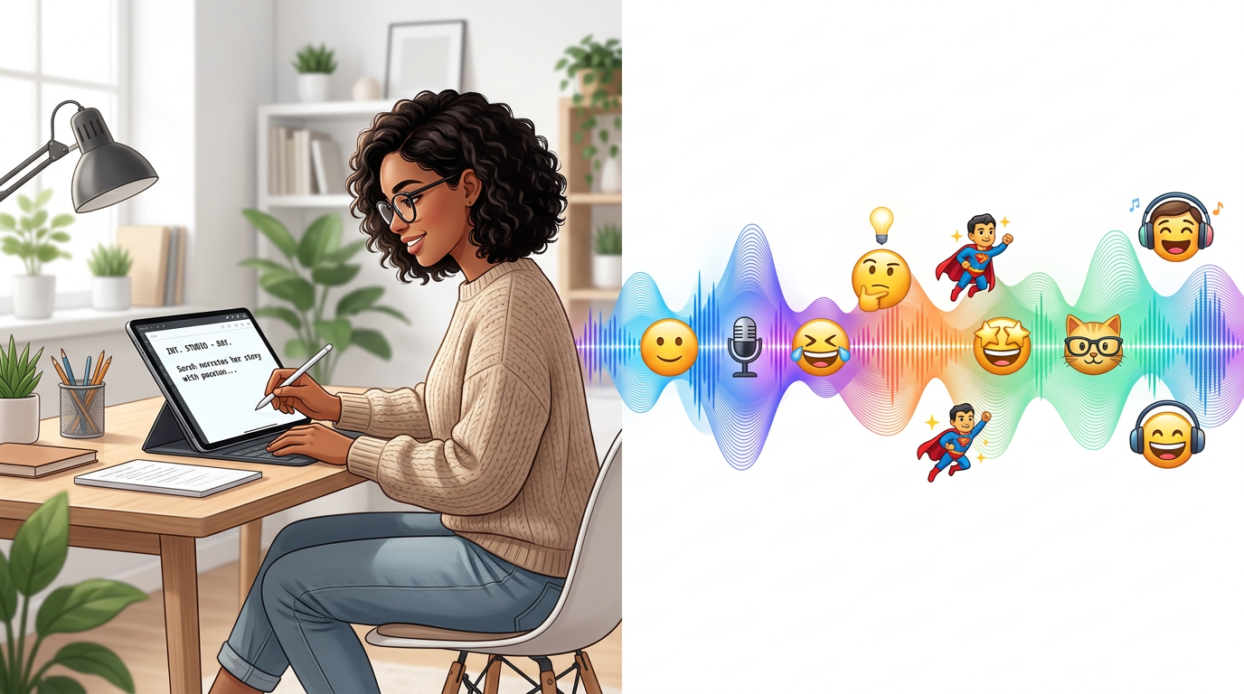 A split-screen illustration showing a content creator scripting and a dynamic soundwave transforming into character emojis.